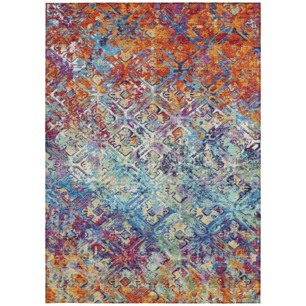 3' X 5' Copper Blue And Red Geometric Washable Indoor Outdoor Area Rug