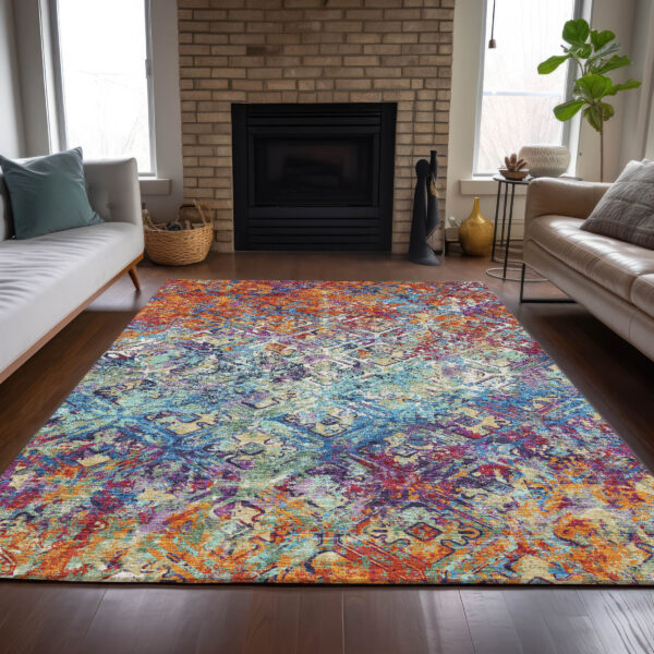 3' X 5' Copper Blue And Red Geometric Washable Indoor Outdoor Area Rug