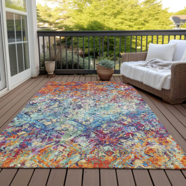 3' X 5' Copper Blue And Red Geometric Washable Indoor Outdoor Area Rug
