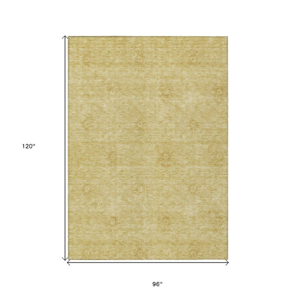 8' X 10' Gold And Ivory Floral Washable Indoor Outdoor Area Rug