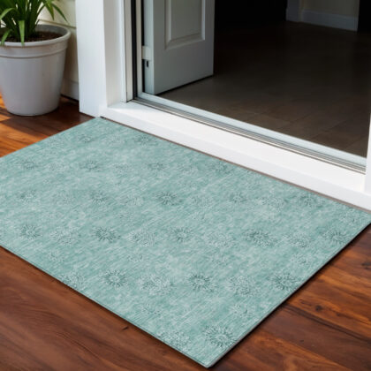 3' X 5' Teal Blue And Ivory Floral Washable Indoor Outdoor Area Rug