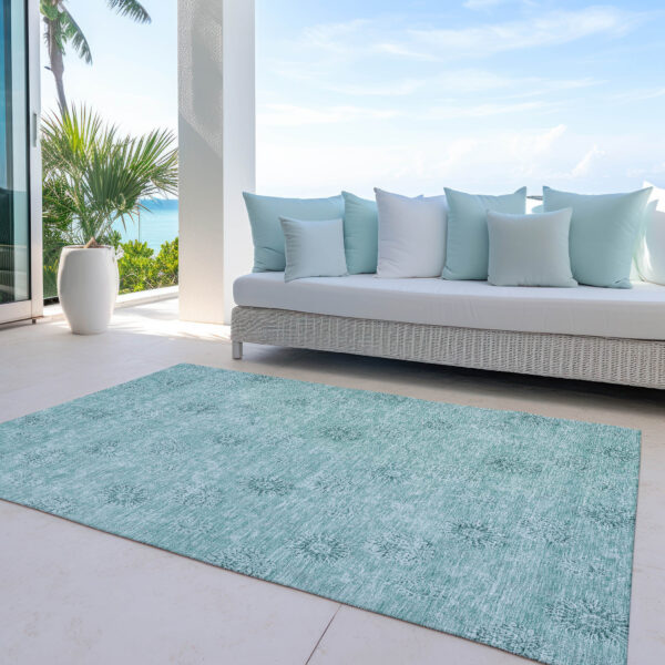 3' X 5' Teal Blue And Ivory Floral Washable Indoor Outdoor Area Rug