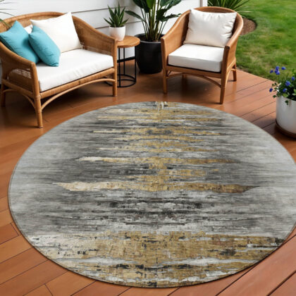 8' Gray Charcoal And Silver Round Abstract Washable Indoor Outdoor Area Rug