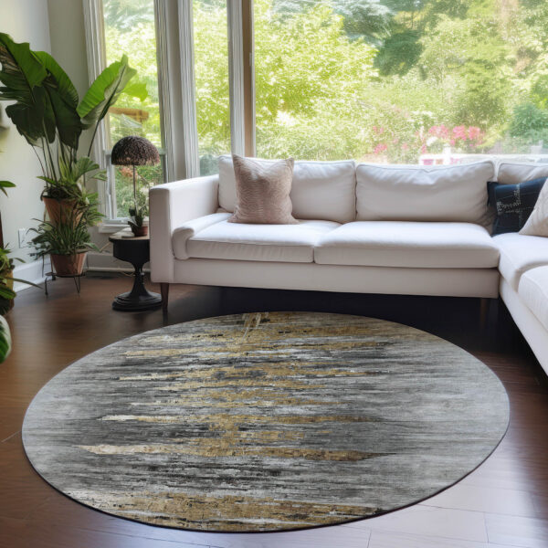 8' Gray Charcoal And Silver Round Abstract Washable Indoor Outdoor Area Rug