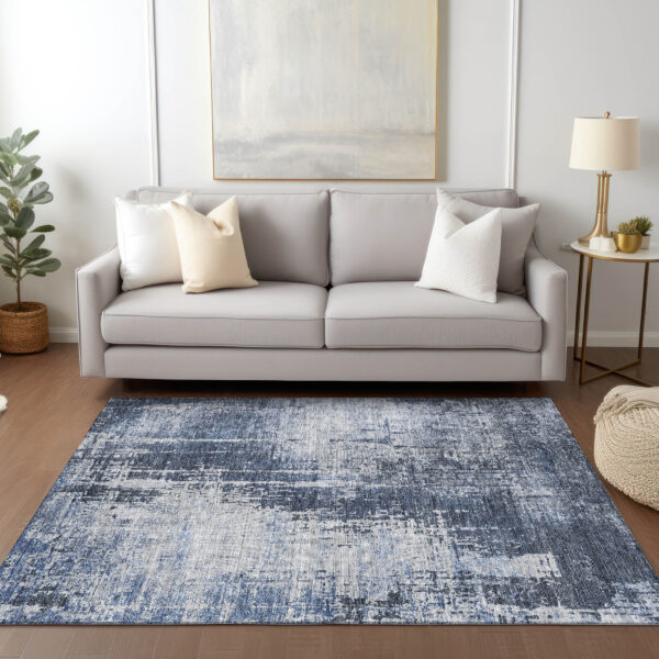 3' X 5' Navy Blue And Sky Blue Abstract Washable Indoor Outdoor Area Rug