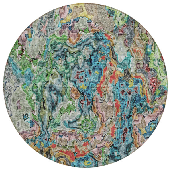 8' Orange And Teal Blue Round Abstract Washable Indoor Outdoor Area Rug