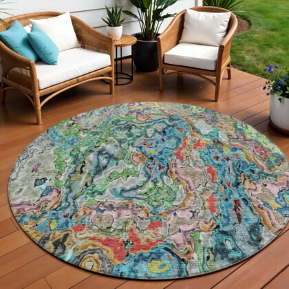 8' Orange And Teal Blue Round Abstract Washable Indoor Outdoor Area Rug