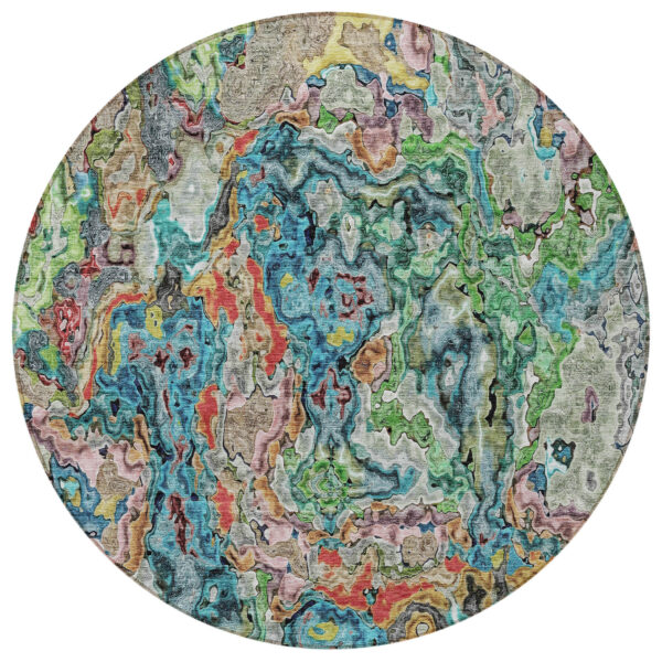 8' Orange And Teal Blue Round Abstract Washable Indoor Outdoor Area Rug