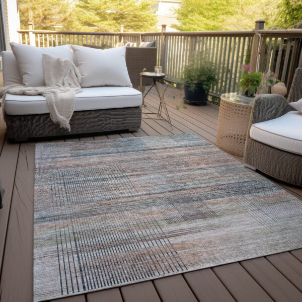 3' X 5' Copper Gray And Blue Striped Washable Indoor Outdoor Area Rug