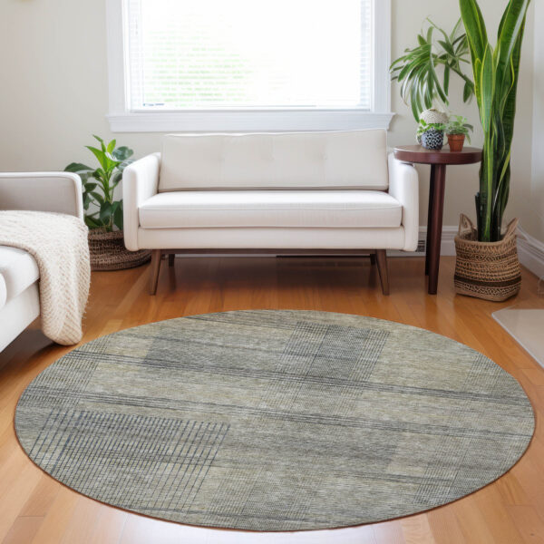 8' Khaki Beige And Gray Round Striped Washable Indoor Outdoor Area Rug