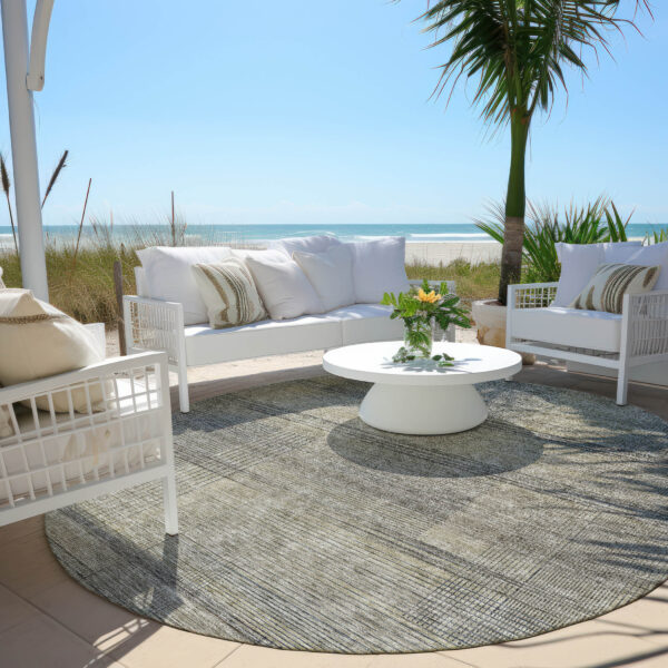 8' Khaki Beige And Gray Round Striped Washable Indoor Outdoor Area Rug