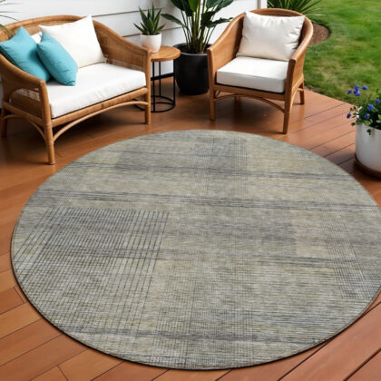 8' Khaki Beige And Gray Round Striped Washable Indoor Outdoor Area Rug
