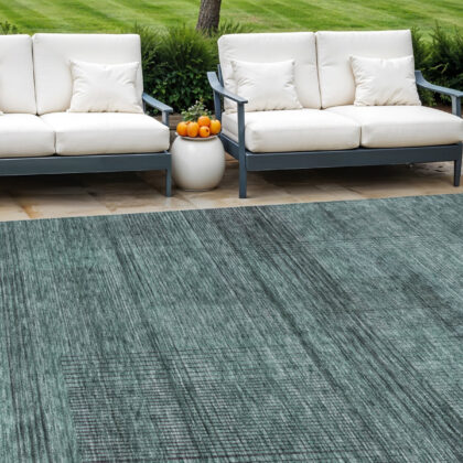 9' X 12' Teal Blue Aqua And Gray Striped Washable Indoor Outdoor Area Rug