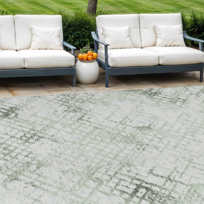 9' X 12' Artichoke Green And Ivory Geometric Washable Indoor Outdoor Area Rug