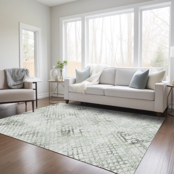9' X 12' Artichoke Green And Ivory Geometric Washable Indoor Outdoor Area Rug