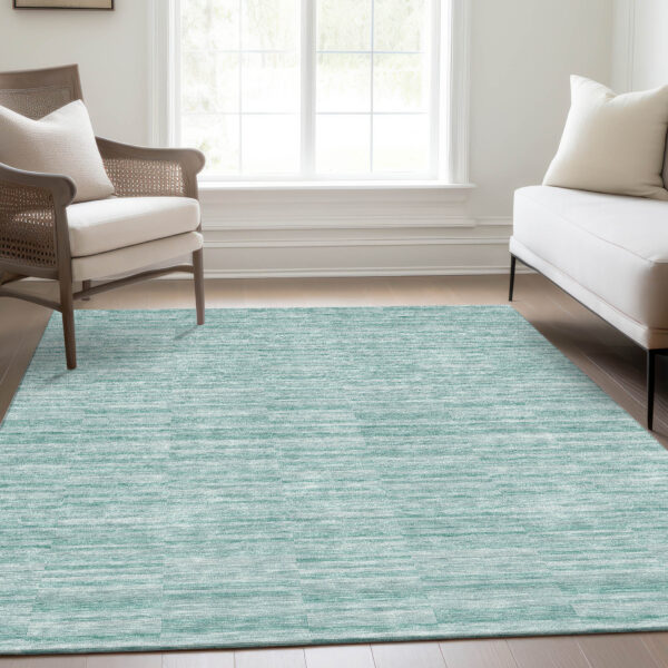 9' X 12' Turquoise Teal Blue And Gray Striped Washable Indoor Outdoor Area Rug