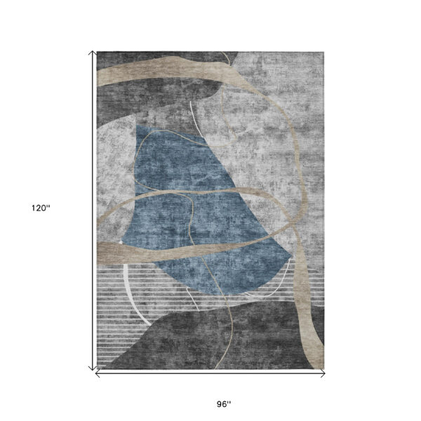 8' X 10' Blue Gray And Charcoal Abstract Washable Indoor Outdoor Area Rug