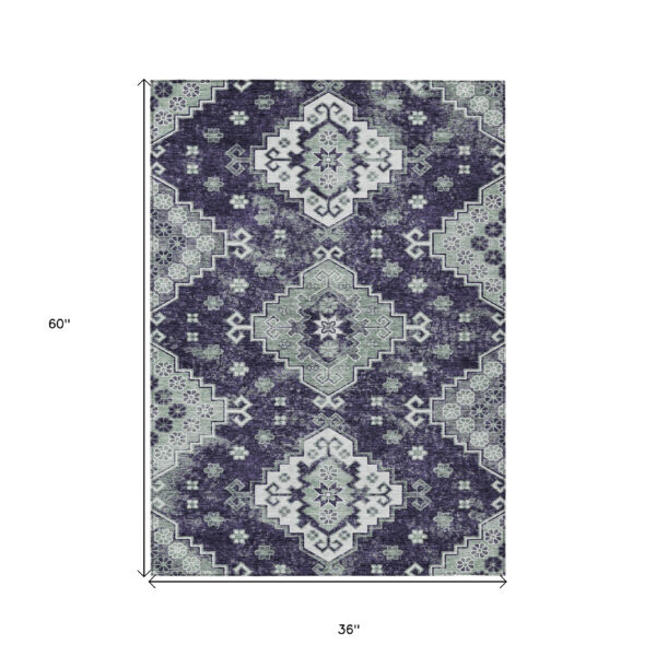 3' X 5' Purple Eggplant And Sage Medallion Washable Indoor Outdoor Area Rug