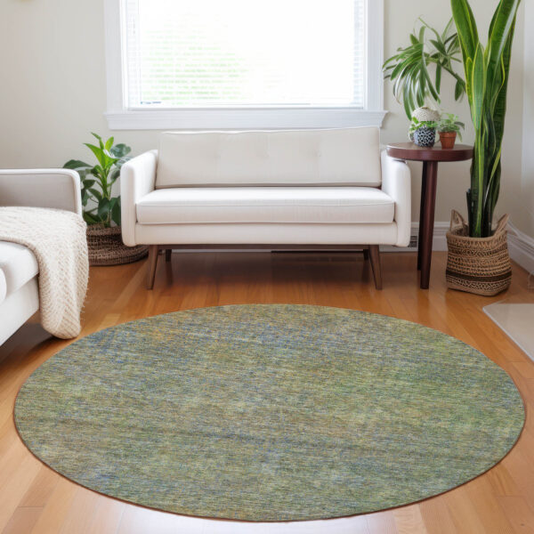 8' Green Gold And Charcoal Round Abstract Washable Indoor Outdoor Area Rug