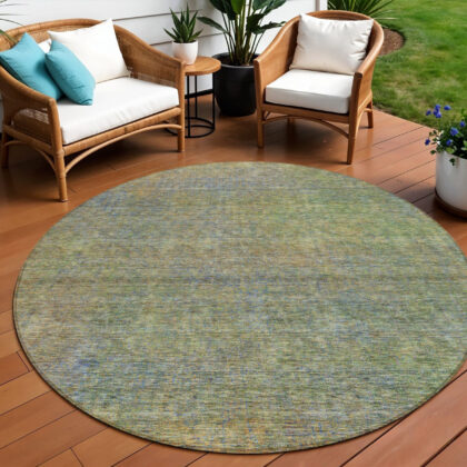 8' Green Gold And Charcoal Round Abstract Washable Indoor Outdoor Area Rug