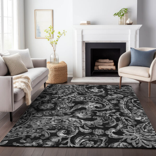 5' X 8' Black Gray And Charcoal Paisley Washable Indoor Outdoor Area Rug