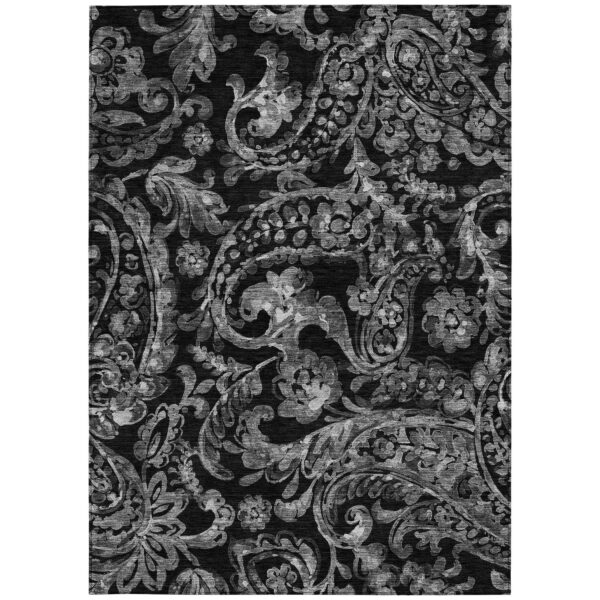 5' X 8' Black Gray And Charcoal Paisley Washable Indoor Outdoor Area Rug