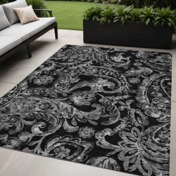 5' X 8' Black Gray And Charcoal Paisley Washable Indoor Outdoor Area Rug