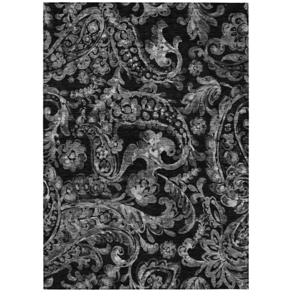 5' X 8' Black Gray And Charcoal Paisley Washable Indoor Outdoor Area Rug