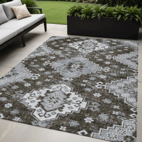 5' X 8' Brown And Gray Medallion Washable Indoor Outdoor Area Rug