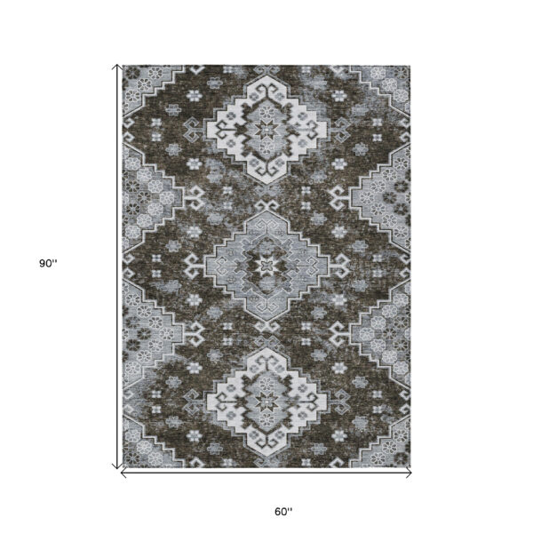5' X 8' Brown And Gray Medallion Washable Indoor Outdoor Area Rug