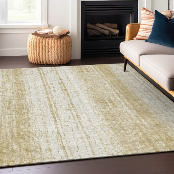 9' X 12' Gold And Ivory Striped Washable Indoor Outdoor Area Rug