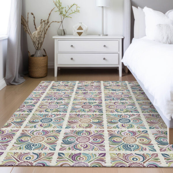 9' X 12' Ivory Purple And Teal Blue Medallion Washable Indoor Outdoor Area Rug