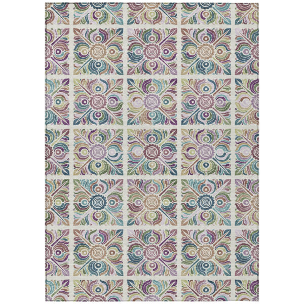 9' X 12' Ivory Purple And Teal Blue Medallion Washable Indoor Outdoor Area Rug