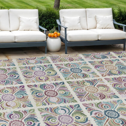 9' X 12' Ivory Purple And Teal Blue Medallion Washable Indoor Outdoor Area Rug
