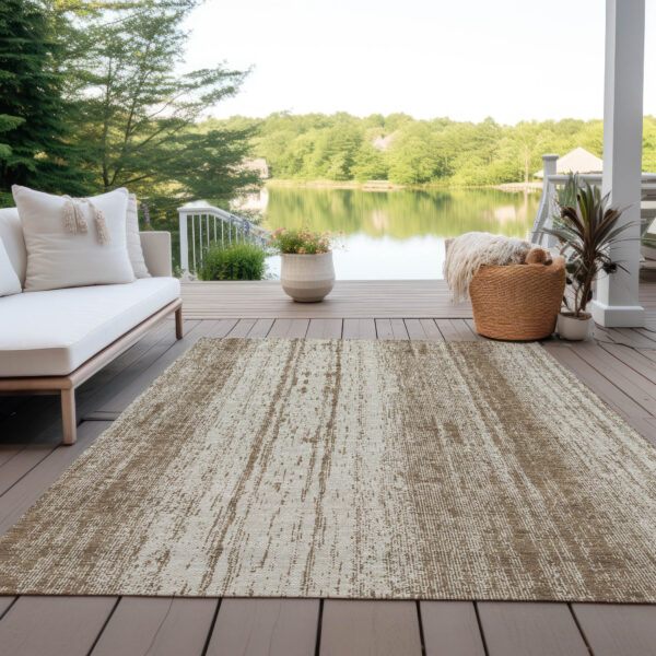 3' X 5' Brown And Ivory Striped Washable Indoor Outdoor Area Rug