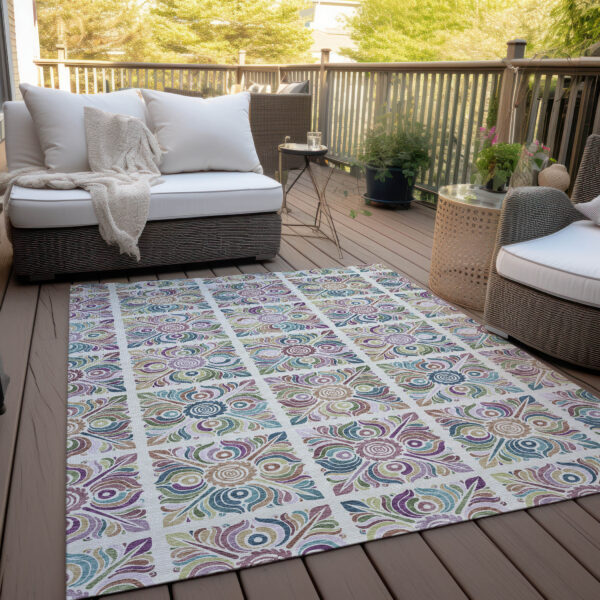 9' X 12' Ivory Purple And Teal Blue Medallion Washable Indoor Outdoor Area Rug