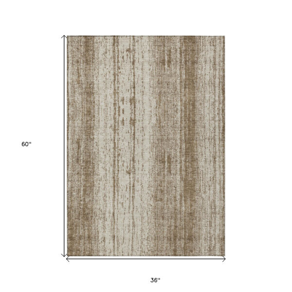 3' X 5' Brown And Ivory Striped Washable Indoor Outdoor Area Rug