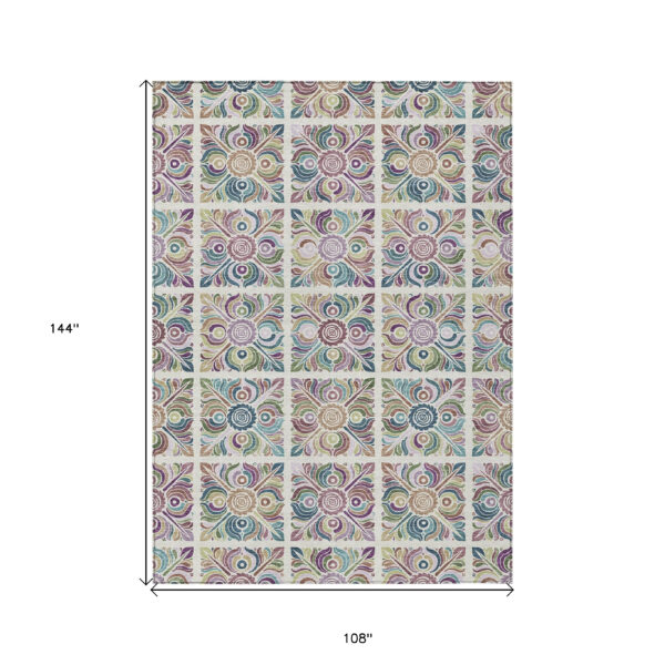 9' X 12' Ivory Purple And Teal Blue Medallion Washable Indoor Outdoor Area Rug
