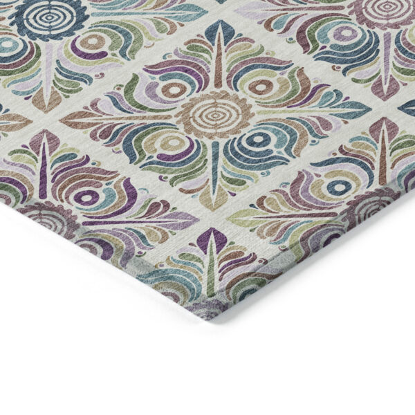 9' X 12' Ivory Purple And Teal Blue Medallion Washable Indoor Outdoor Area Rug