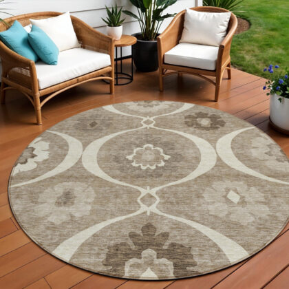 8' Taupe Brown And Ivory Round Medallion Washable Indoor Outdoor Area Rug