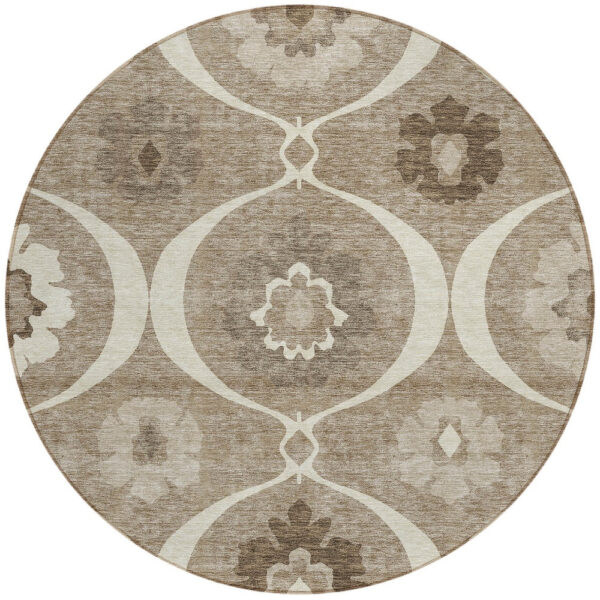 8' Taupe Brown And Ivory Round Medallion Washable Indoor Outdoor Area Rug