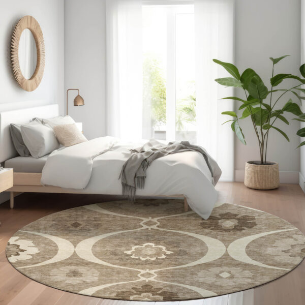 8' Taupe Brown And Ivory Round Medallion Washable Indoor Outdoor Area Rug