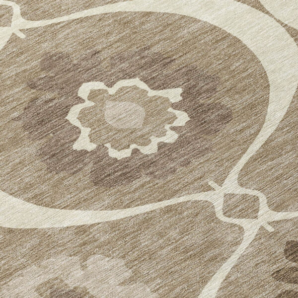 8' Taupe Brown And Ivory Round Medallion Washable Indoor Outdoor Area Rug