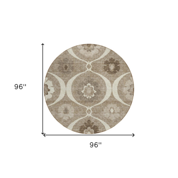 8' Taupe Brown And Ivory Round Medallion Washable Indoor Outdoor Area Rug