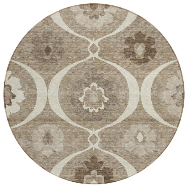8' Taupe Brown And Ivory Round Medallion Washable Indoor Outdoor Area Rug
