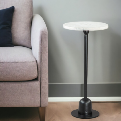 25" White And Black Marble And Aluminum Round Pedestal End Table
