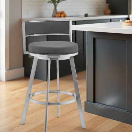 26" Gray and Silver Faux Leather and Iron Low Back Counter Height Swivel Bar Chair