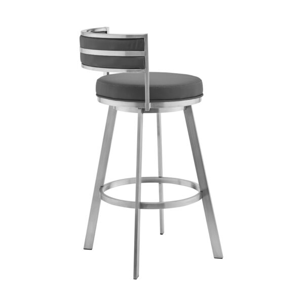 26" Gray and Silver Faux Leather and Iron Low Back Counter Height Swivel Bar Chair
