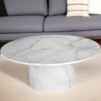 35" White Genuine Marble And Wood Round Pedestal Coffee Table