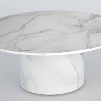 35" White Genuine Marble And Wood Round Pedestal Coffee Table